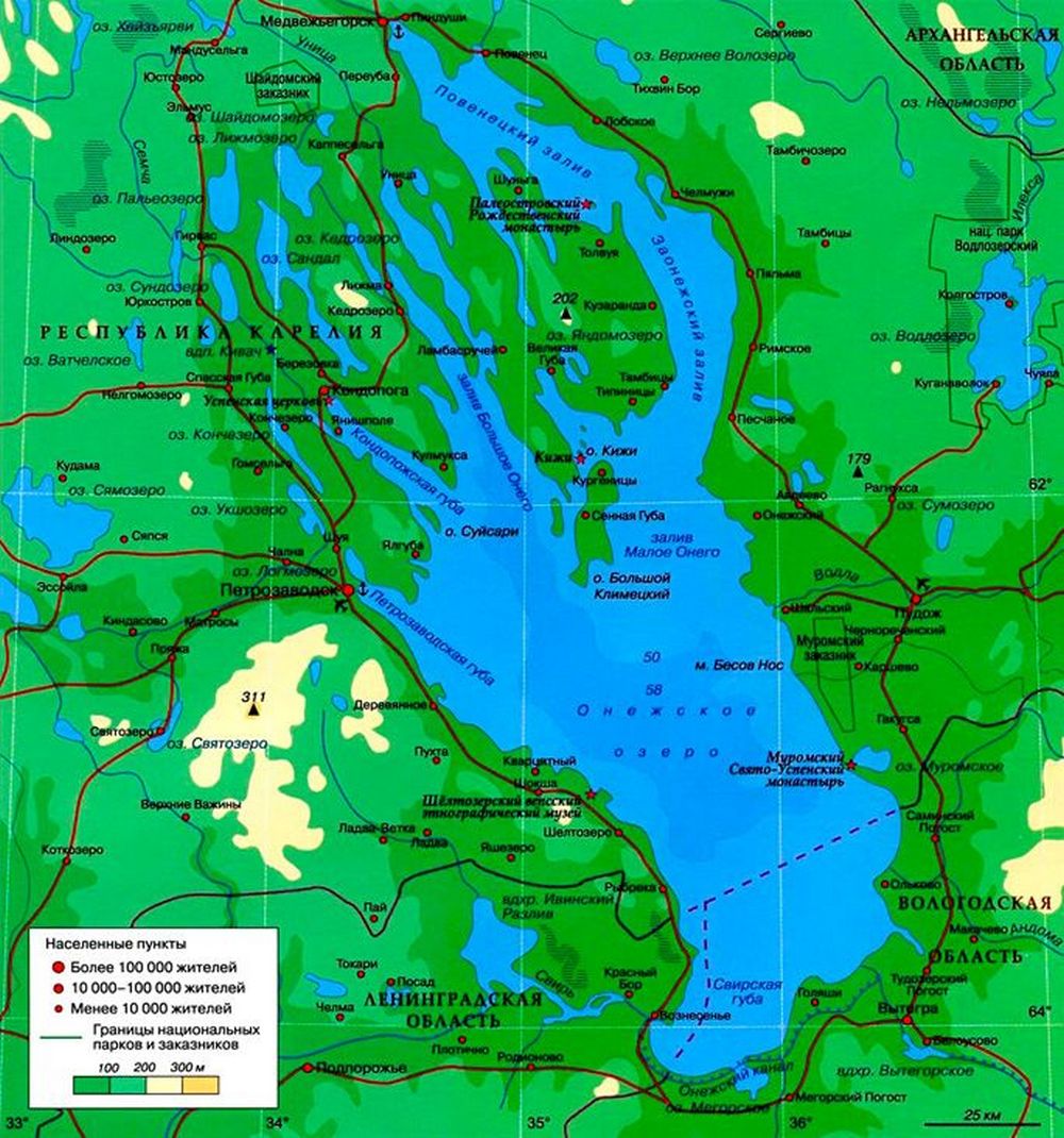 Онежское озеро на карте Карелии